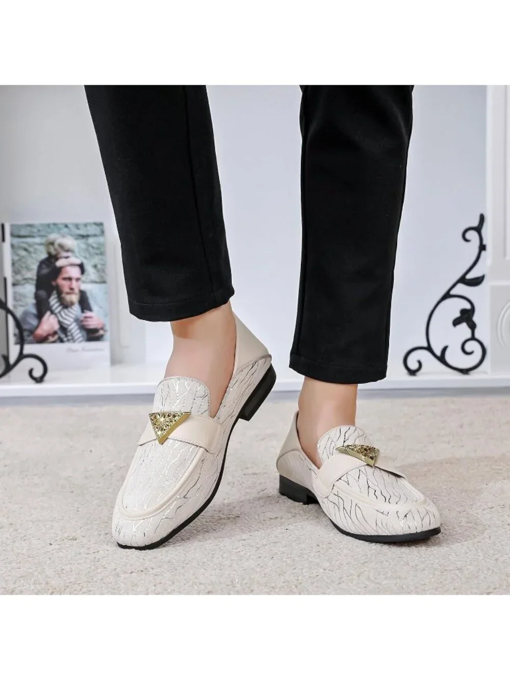 FQEQNQG Men's Beige Velvet Loafers Metal Buckle Shiny Slip On Classic Shoes